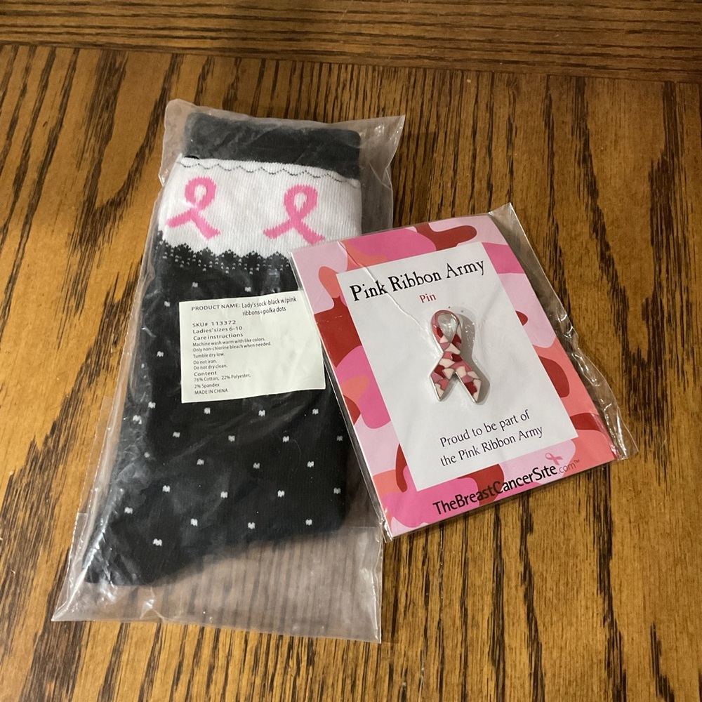 Black & White Pink Ribbon Socks & Pink Ribbon Army Pin: Breast Cancer Inspired